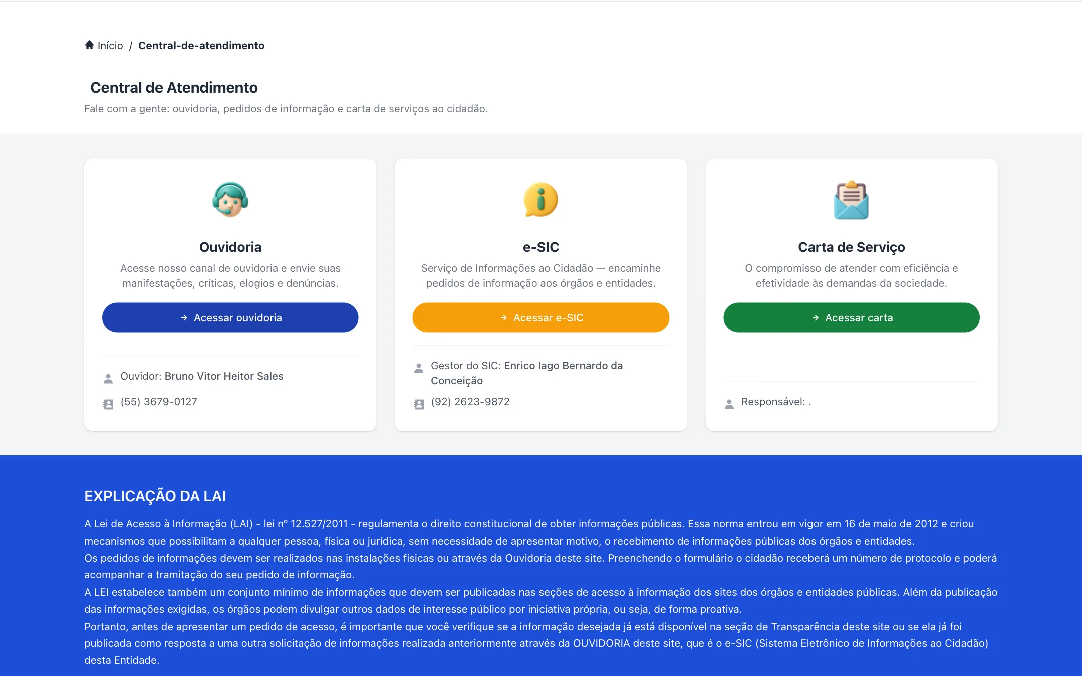 Central de Atendimento do portal modelo
